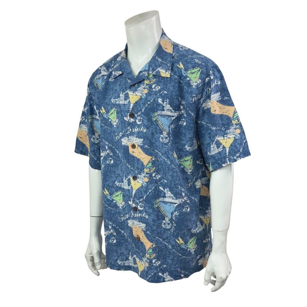 Margaritaville Blue Graphic Cocktail Boat S/S 100% Silk Camp Shirt Men's XXL